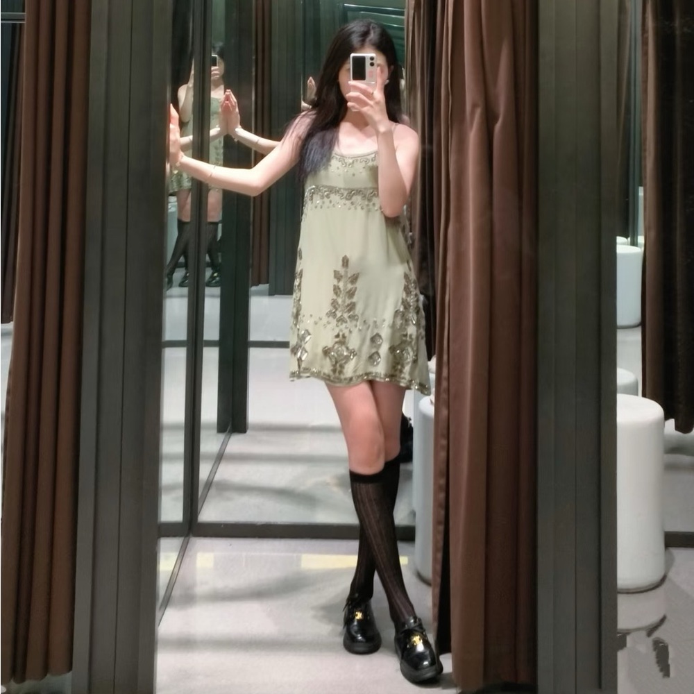 Zara Olive Embroidered Mini Dress